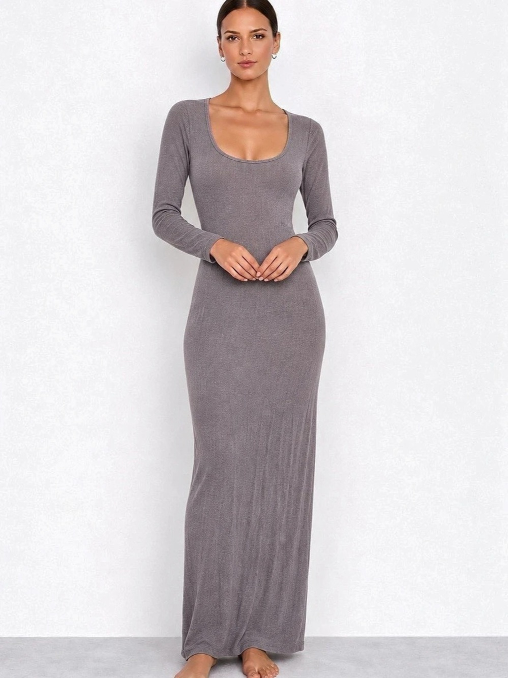 The Group Babaton Cotton Rib Long Sleeve Dress Gray